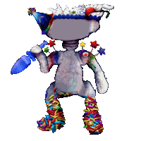 a stuffed animal with a birthday hat and sprinkles on its legs