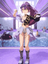 a girl with purple hair stands in front of a swimming pool