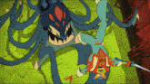 a cartoon of a spider man fighting a monster with a sword