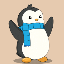 a penguin wearing a blue scarf is giving a thumbs down