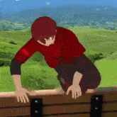 a man in a red shirt is sitting on a wooden bench .