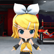a cartoon character with a bow in her hair is standing in front of a red motorcycle