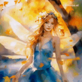 a woman in a blue dress with a wreath of flowers on her head is a fairy .