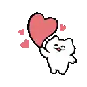 a white cat is holding a red heart balloon in its hand .