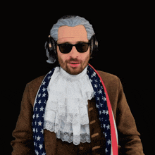 a man wearing a wig and sunglasses is wearing an american flag scarf