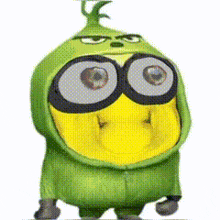 a cartoon minion is wearing a green and yellow costume with a hood .