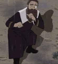 a man with a beard is kneeling down in the rain holding an axe .
