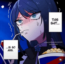 a cartoon of a girl drinking a soda and eating popcorn with the caption this shit is so ass