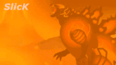 a silhouette of a dinosaur shooting a light beam with the word slick behind it