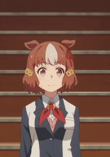 a brown haired anime girl with a red bow tie