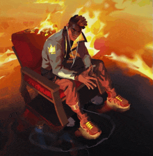 a cartoon of a man sitting in a chair with flames in the background