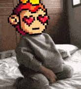a pixel art of a monkey with hearts in his eyes sitting on a bed