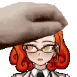 a pixel art of a woman wearing glasses and a hat being patted by a hand .