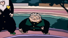a cartoon of a man with gray hair and a green jacket is standing next to a woman .