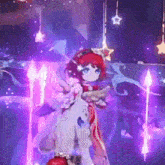 a little girl with red hair is standing in a room with purple lights and stars .