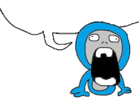a blue and gray cartoon character with a speech bubble behind him .