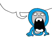 a blue and gray cartoon character with a speech bubble behind him .