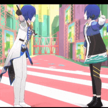 two anime characters are standing next to each other on a street