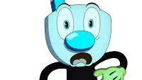 a close up of a cartoon character with blue eyes and a green hand