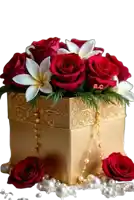 a gold box filled with red roses and white flowers with the letters ac on it