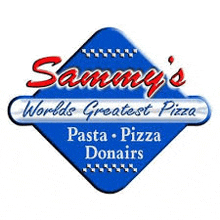 the logo for sammy 's world 's greatest pizza pasta pizza donairs is blue and red .