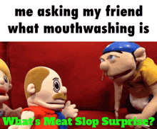 two stuffed animals are sitting on a red couch and one of them is asking the other what 's mouthwashing is