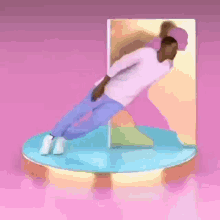 a man in a white shirt and purple pants is doing a plank