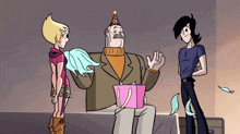 a man in a party hat is holding a pink box with the letter v on it