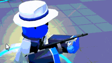 a blue character in a white hat is holding a rifle