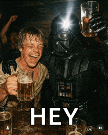 a picture of darth vader and luke skywalker toasting with beer