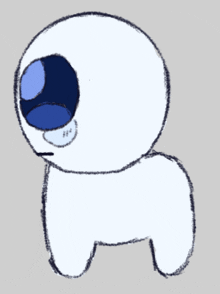 a white cartoon character with a blue eye and mouth
