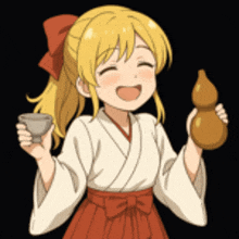 a girl with blonde hair is holding a cup and a gourd