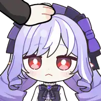 a cartoon girl with purple hair and red eyes is being patted on the forehead