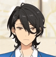 a close up of a anime character 's face with long black hair and brown eyes .