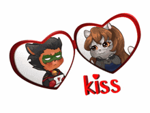 a cartoon of a boy and a girl in hearts with the word kiss below them