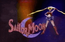 a sailor moon logo with a girl holding a sword in front of a crescent moon