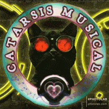 a cat wearing sunglasses and headphones is surrounded by a circle that says " catarsis musical "