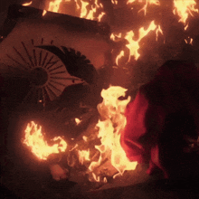 a person in a red shirt is standing in front of a fire