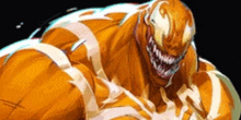 a close up of a drawing of a superhero with a huge orange body .