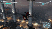 a video game screen shows a spider-man flying over a city