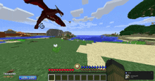 a screenshot of a minecraft game with a dragon flying over a beach