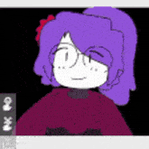 a cartoon character with purple hair and glasses