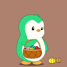 a green and white penguin is holding a basket of easter eggs