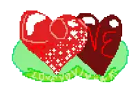 a pixel art drawing of two hearts with the word love on them