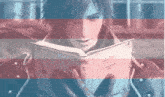 a man is reading a book in front of a striped background