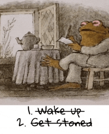 a cartoon of a frog sitting at a table with the words " i wake up get stoned " below him