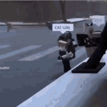 a girl is walking down a street with a cat girl speech bubble .