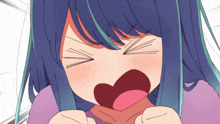 a girl with blue hair is making a funny face with her eyes closed