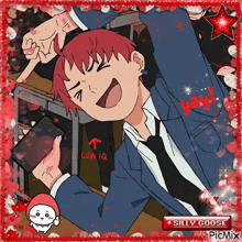 a picture of a boy holding a cell phone with the words silly goose on the bottom right