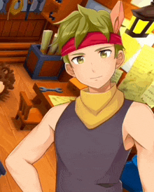 a man with green hair and a red headband is standing in a room